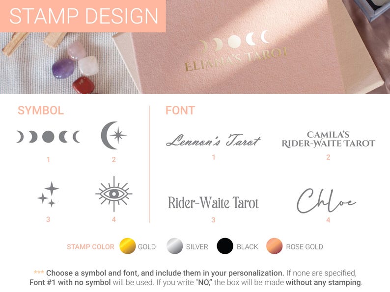 May include: A chart showing different stamp designs for a tarot card reader. The chart includes four symbols: a crescent moon with a star, three moons, a starburst, and an eye with rays. The chart also includes four fonts: Lennon's Tarot, Camila's Rider-Waite Tarot, Rider-Waite Tarot, and Chloe. The chart also shows four stamp colors: gold, silver, black, and rose gold.