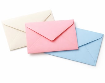 May include: Three rectangular paper envelopes arranged in a slight overlap. One envelope is cream-colored, one is light pink, and one is light blue. Each envelope features a classic triangular flap design and a smooth, matte paper texture.