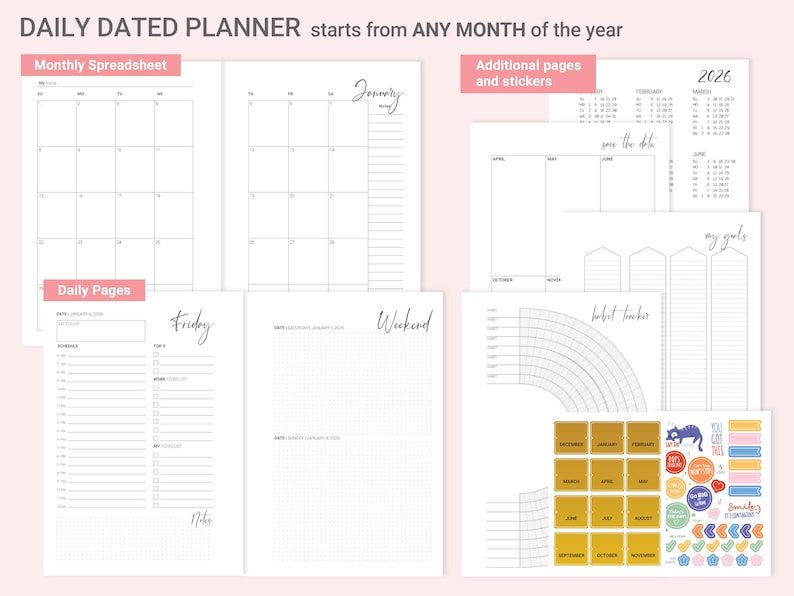 Custom Dated weekly daily planner 2026-27, spiral bound planner gift for Mom sis, adhd adult planner Wildflower immagine 5