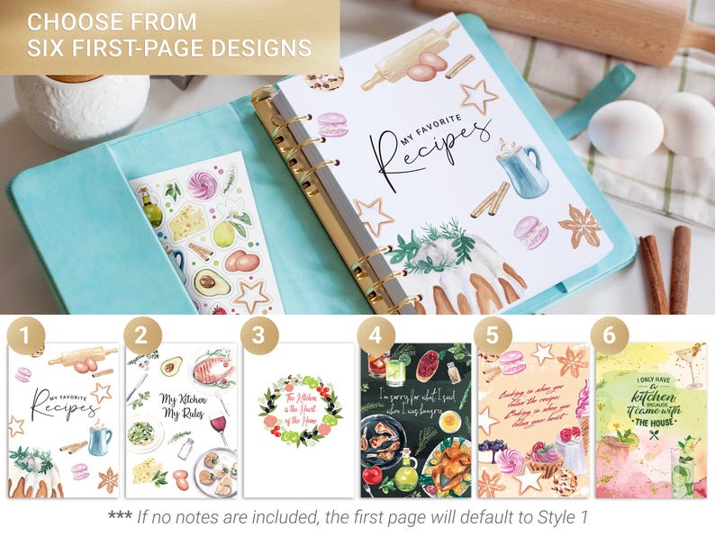 May include: A light blue ring-bound recipe planner with a white cover featuring watercolor illustrations of baking items and the text My Favorite Recipes. Below, six numbered design options are displayed, showcasing various food-themed graphics.