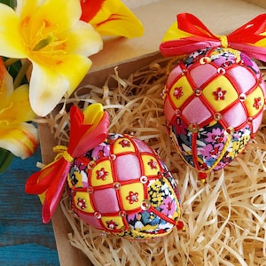 Easter fabric eggs set 2 pcs Easter hanging ornament Eggs decor Rustic Easter eggs Quilted ornaments Easter tree decor Fabric Easter eggs