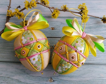 Easter fabric eggs set 2 pcs Easter tree decor Quilted ornaments Easter hanging ornament Eggs decor Rustic Easter spring decor Easter eggs