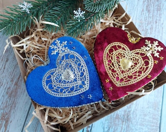 Christmas heart set 2 pcs New Year's ornament Heart-shaped decoration Christmas tree toy Quilted ornament Christmas hanging heart decoration