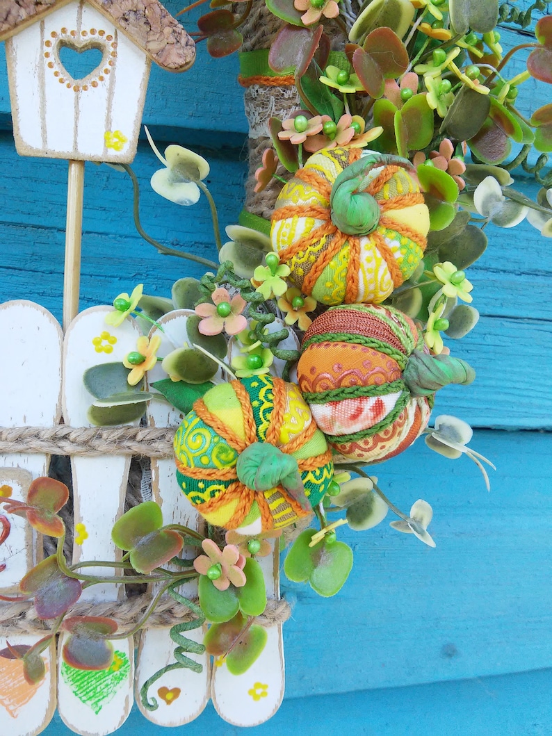 Pumpkins wreath Birdhouse wreath Country style Gift for housewarming Door decor Welcome door wreath Rustic decor Wreath for the front door