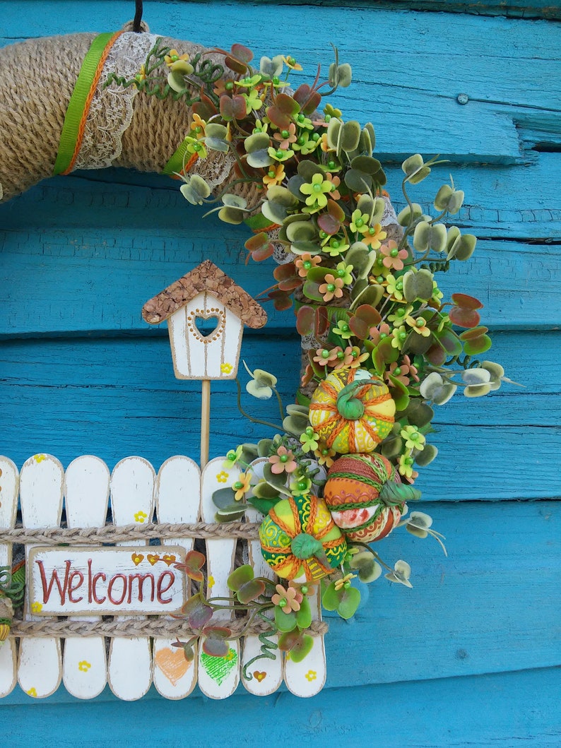 Pumpkins wreath Birdhouse wreath Country style Gift for housewarming Door decor Welcome door wreath Rustic decor Wreath for the front door