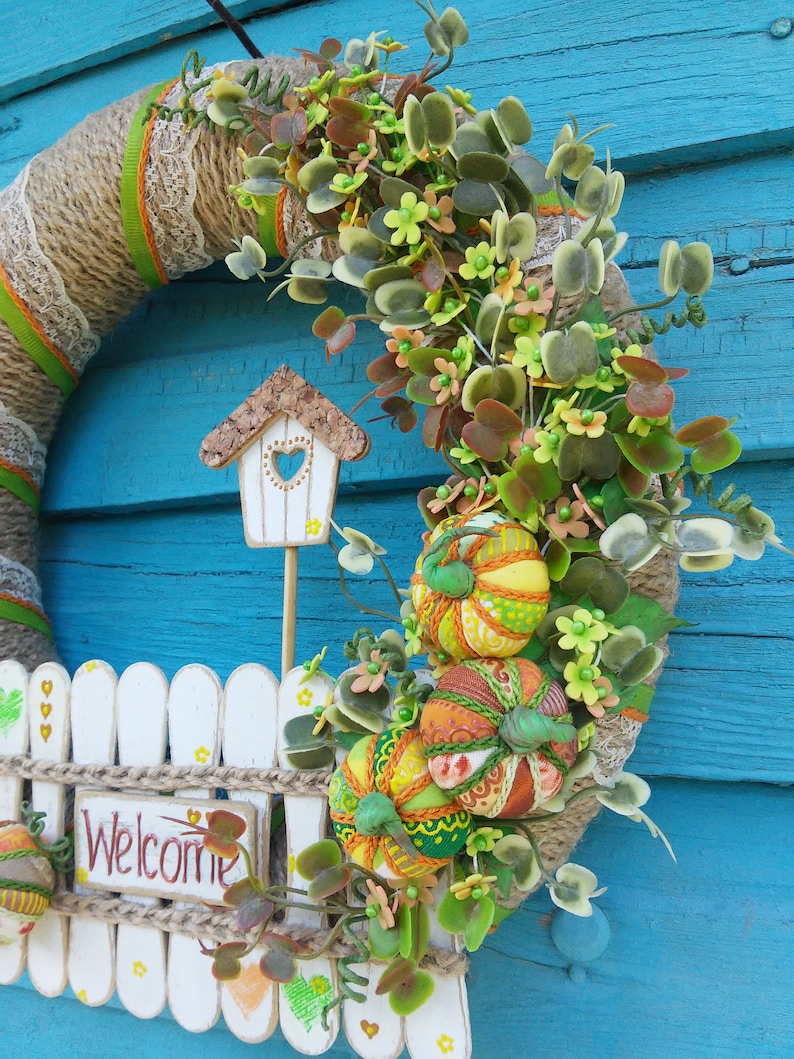 Pumpkins wreath Birdhouse wreath Country style Gift for housewarming Door decor Welcome door wreath Rustic decor Wreath for the front door