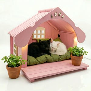 May include: A pink wooden cat house with the name "LUNA" on the roof. Inside, a black and a white cat are nestled on a green cushion. Small potted plants sit on the porch. The house has a window and a light.