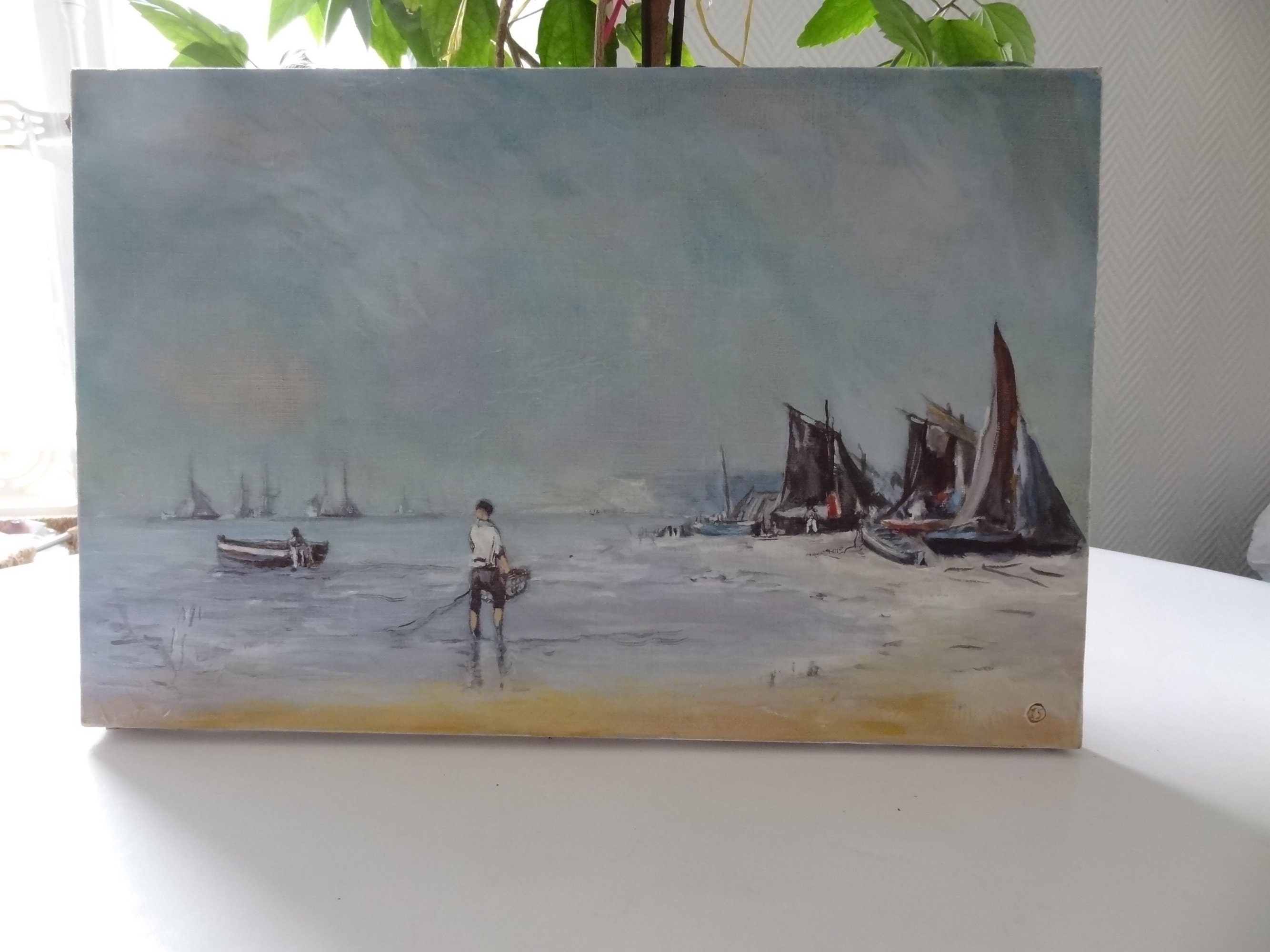 Tableau Peinture à L'huile -Plage-Marine -Bateaux - Pêcheur Au Filet