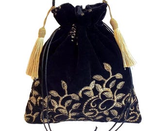 Black Embroidered Potli Bag. Handmade Wedding Purse, Evening Shoulder Handbag. Velvet Drawstring Pouch.