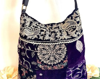 Small Embroidered Velvet Adjustable Crossbody Shoulder Slouchy Hobo Bag. Handmade Patchwork Bohemian Indian Purses.