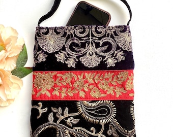 Bohemian Patchwork Velvet Crossbody Bag: Handmade Embroidered Shoulder Bag