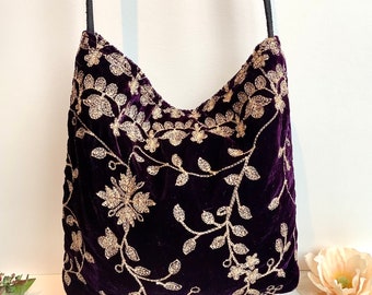 Dark Purple Embroidered Velvet Crossbody Handmade Shoulder Slouch Hobo Bag Bohemian Indian Handbags Festival Boho Evening Purse