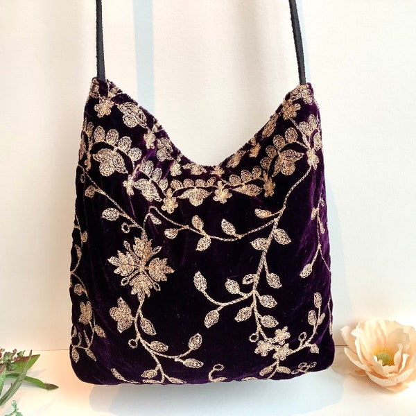 Dark Purple Embroidered Velvet Crossbody Handmade Shoulder Slouch Hobo Bag Bohemian Indian Handbags Festival Boho Evening Purse