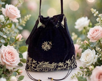 Pochette Potli noire brodée. Pochette de mariage artisanale, pochette de soirée en velours à cordon.