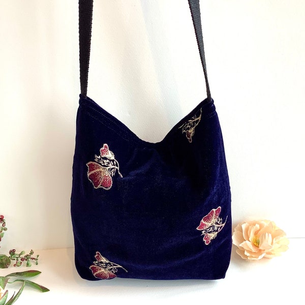 Navy Blue Embroidered Velvet Crossbody Shoulder Slouch Hobo Bag. Handmade Bohemian Indian Handbags.