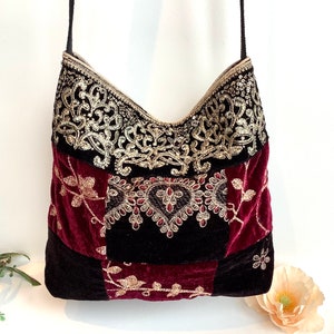 Embroidered Velvet Crossbody Shoulder Slouchy Hobo Bag. Handmade Patchwork Bohemian Indian Handbags.