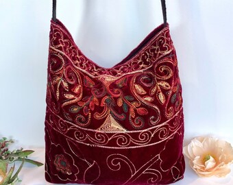Red Rainbow Embroidered Velvet Crossbody Shoulder Slouch Hobo Bag. Handmade Bohemian Indian Handbags.