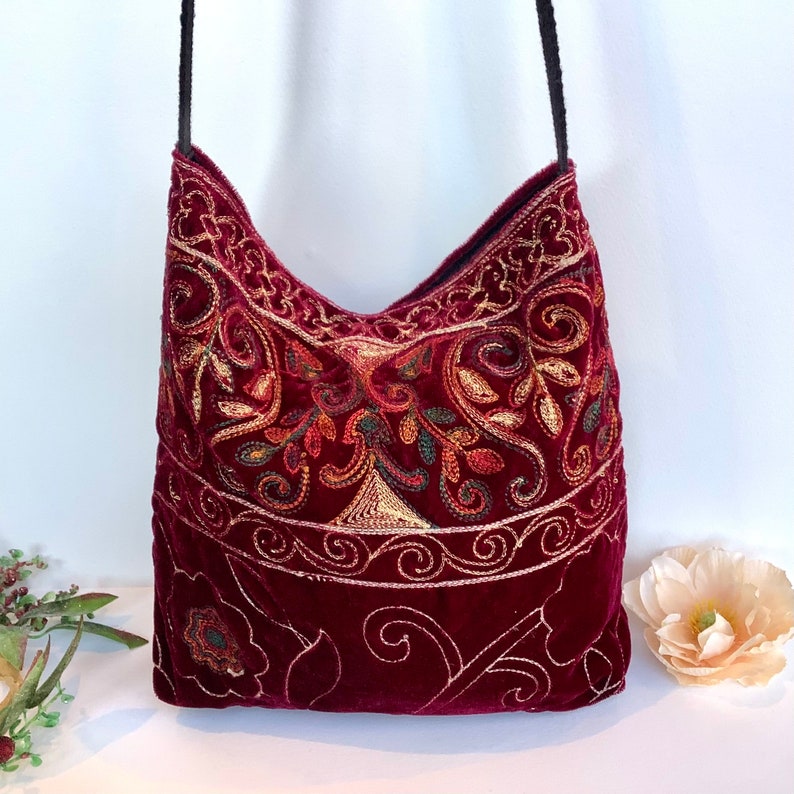 Red Rainbow Embroidered Velvet Crossbody Shoulder Slouch Hobo Bag. Handmade Bohemian Indian Handbags. image 1