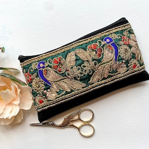 Green Embroidered Zipped Handmade Purse. Bohemian Phone Case, Makeup Bag, Evening Clutch Bag.