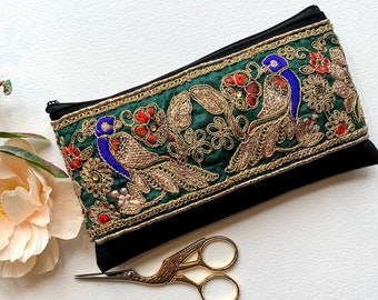 Green Embroidered Zipped Handmade Purse. Bohemian Phone Case, Makeup Bag, Evening Clutch Bag.