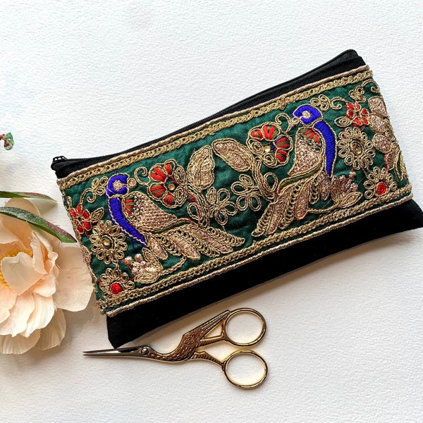 Green Embroidered Zipped Handmade Purse. Bohemian Phone Case, Makeup Bag, Evening Clutch Bag.