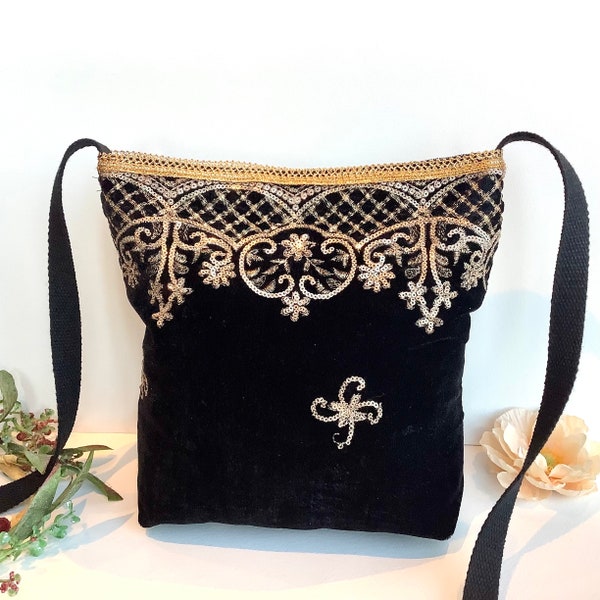 Black Embroidered Velvet Crossbody Shoulder Slouch Hobo Bag. Handmade Bohemian Indian Handbags. Festival Boho Evening Purses