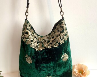 Emerald Green Adjustable Embroidered Velvet Shoulder Crossbody Slouch Hobo Bag. Handmade Bohemian Indian Handbags.