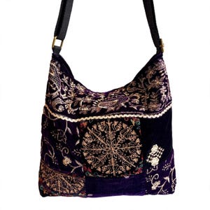 Small Embroidered Velvet Adjustable Crossbody Shoulder Slouchy Hobo Bag. Handmade Patchwork Bohemian Indian Purses.