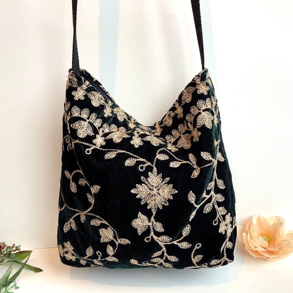 Dark Green Embroidered Velvet Crossbody Shoulder Slouch Hobo Bag. Handmade Bohemian Indian Handbags.