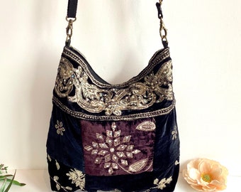 Black Embroidered Velvet Crossbody Shoulder Slouchy Hobo Bag. Handmade Patchwork Bohemian Indian Handbags.