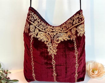 Deep Red Embroidered Velvet Crossbody Shoulder Slouch Hobo Bag. Handmade Bohemian Indian Handbags.