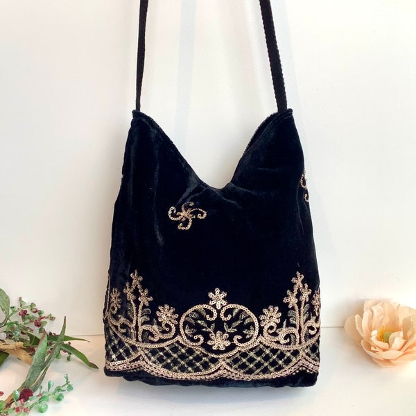 Black Embroidered Velvet Crossbody Shoulder Slouchy Hobo Bag. Handmade Bohemian Indian Handbags Festival Boho Evening Purses