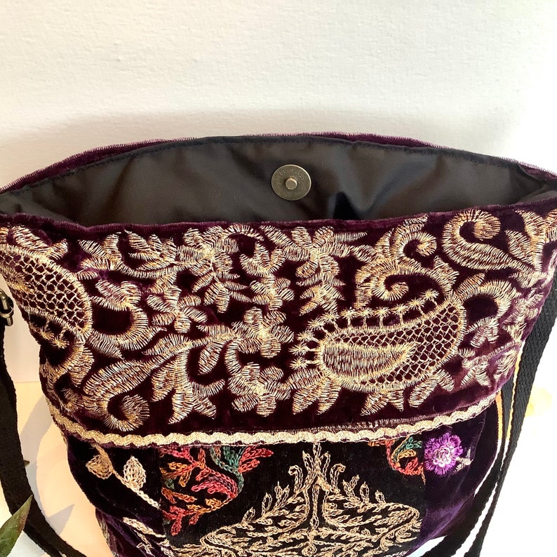 Purple Embroidered Velvet Crossbody Shoulder Slouchy Hobo Bag. Handmade Patchwork Bohemian Indian Handbags. image 6