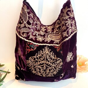 Purple Embroidered Velvet Crossbody Shoulder Slouchy Hobo Bag. Handmade Patchwork Bohemian Indian Handbags. image 3
