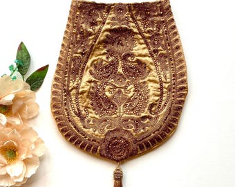 Gold Embroidered Vintage Crossbody Handmade Shoulder Sling Bag. Evening Wedding Purses.