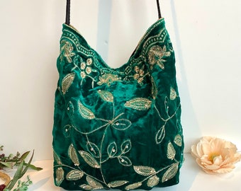 Green Embroidered Velvet Crossbody Shoulder Slouch Hobo Bag. Handmade Bohemian Indian Handbags.