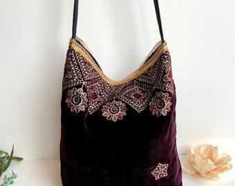 Rich Brown Embroidered Velvet Crossbody Shoulder Slouch Hobo Bag. Handmade Bohemian Indian Handbags.