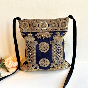 Zipped Blue Embroidered Crossbody Shoulder Sling Bag. Handmade Bohemian Indian Handbag.