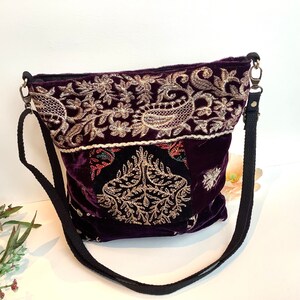 Purple Embroidered Velvet Crossbody Shoulder Slouchy Hobo Bag. Handmade Patchwork Bohemian Indian Handbags. image 4