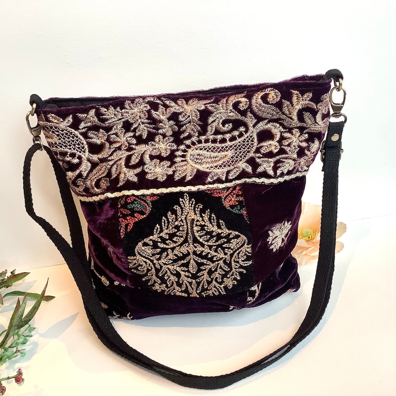 Purple Embroidered Velvet Crossbody Shoulder Slouchy Hobo Bag. Handmade Patchwork Bohemian Indian Handbags. image 4
