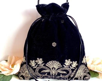 Embroidered Black Velvet Potli Crossbody Bag. Wedding Purse, Velvet Drawstring Pouch