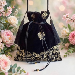 Black Embroidered Potli Bag. Handmade Wedding Purse, Evening Velvet Drawstring Pouch.