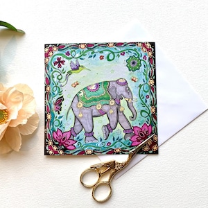 Carte de voeux vierge, cartes de correspondance, conte de fées fantaisiste, pour toutes les occasions, anniversaires, rétablissement, cartes de remerciement. Éléphant indien.