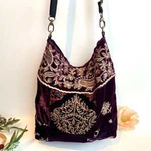 Purple Embroidered Velvet Crossbody Shoulder Slouchy Hobo Bag. Handmade Patchwork Bohemian Indian Handbags.