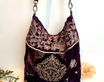 Purple Embroidered Velvet Crossbody Shoulder Slouchy Hobo Bag. Handmade Patchwork Bohemian Indian Handbags.