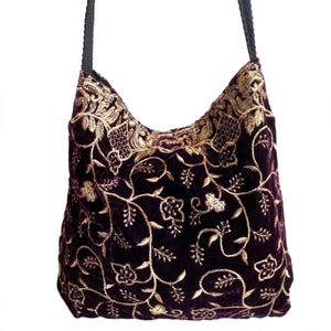 Chic Dark Purple Embroidered Velvet Crossbody Shoulder Slouch Hobo Bag. Handmade Bohemian Handbags.