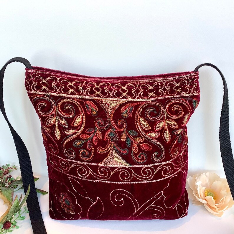 Red Rainbow Embroidered Velvet Crossbody Shoulder Slouch Hobo Bag. Handmade Bohemian Indian Handbags. image 3