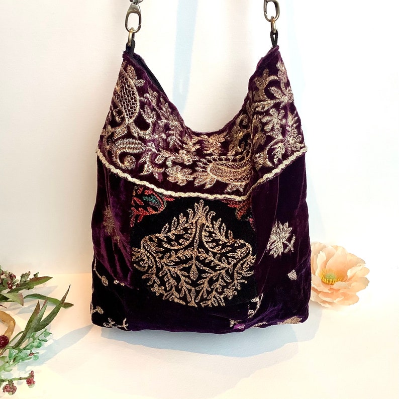 Purple Embroidered Velvet Crossbody Shoulder Slouchy Hobo Bag. Handmade Patchwork Bohemian Indian Handbags. image 2