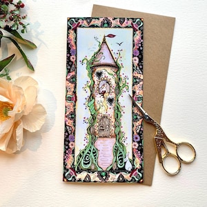 Carte de voeux vierge, cartes de correspondance, conte de fées fantaisiste, pour toutes les occasions, anniversaires, rétablissement, cartes de remerciement. Raiponce.