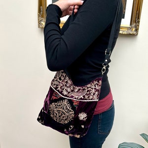 Purple Embroidered Velvet Crossbody Shoulder Slouchy Hobo Bag. Handmade Patchwork Bohemian Indian Handbags. image 8